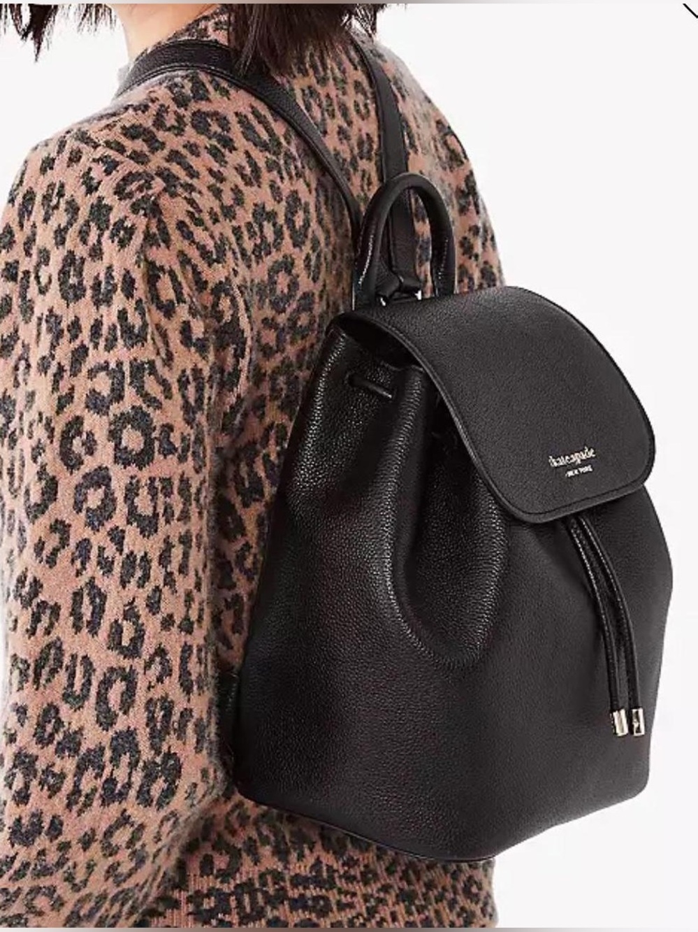 NWT Kate Spade New York Black Pebbled Leather Medium Flap Backpack -MSRP$359♠️ - Picture 2 of 11